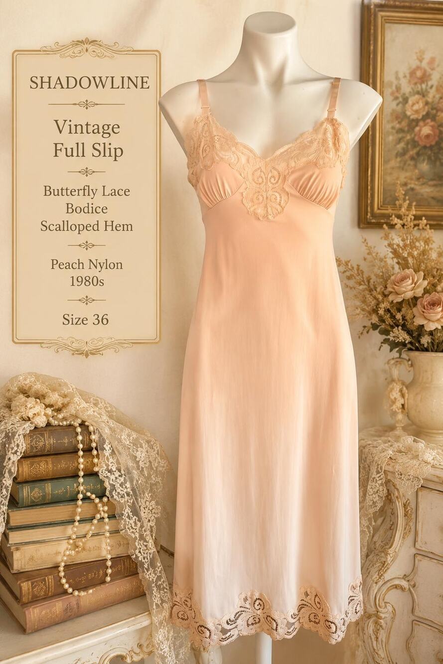 Vintage Shadowline Full Peach Slip Dress Lace Bodice Scalloped Hem 80's Nylon 36